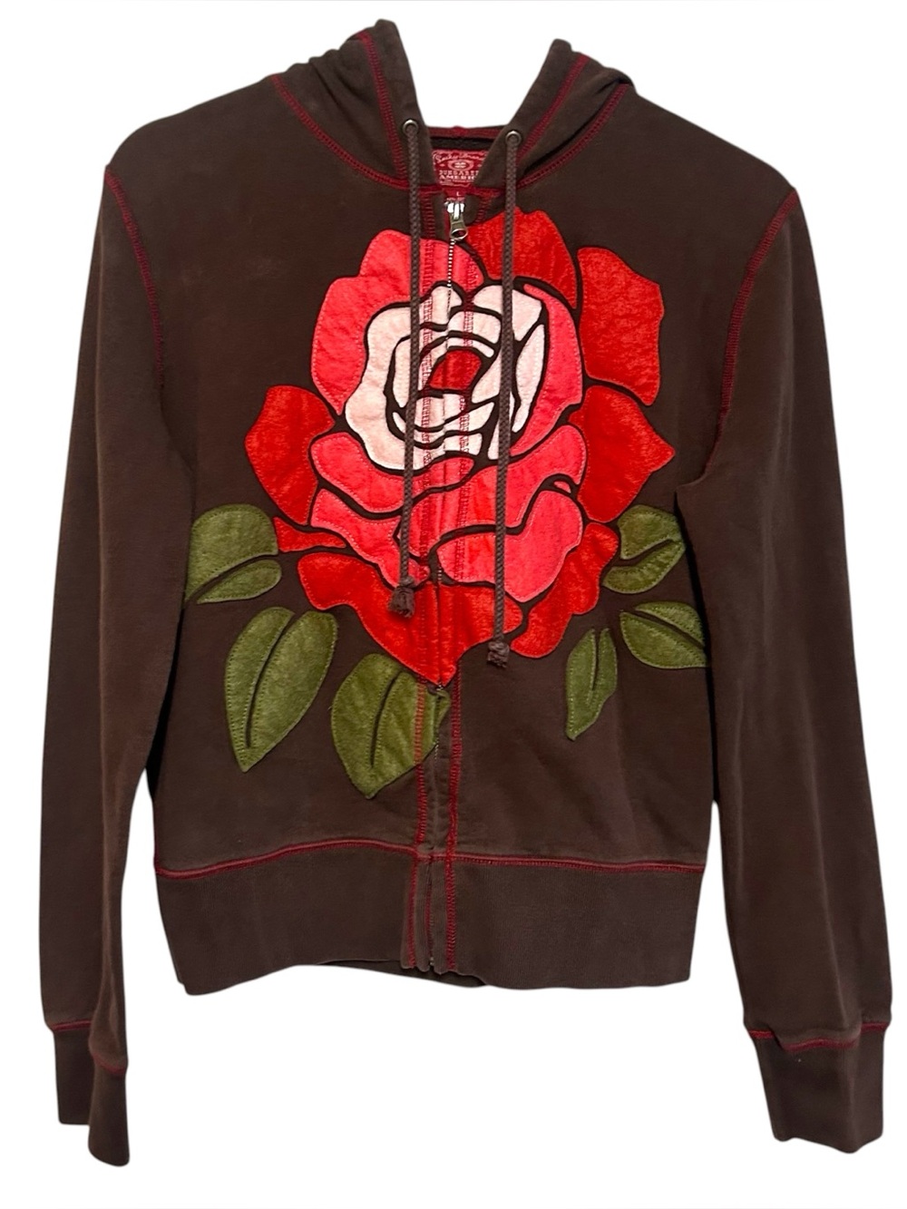 Y2K lucky brand L zip up hoodie rose felted appliqué indie boho vintage 2000’s